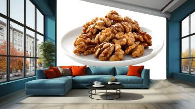 Close-up of traditional georgian walnuts served on a white plate, isolated on a transparent background for easy integration into various designs Wall mural