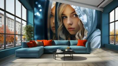 close up portrait of beautiful young futuristic woman in hood Wall mural