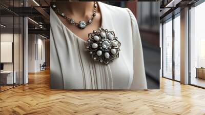 Closeup Mockup of Vintage Jewelry Brooch on Women's Dress Wall mural