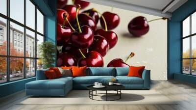 Closeup of Fresh Red Cherry Cluster on Light Background with Soft Focus Depth of Field Wall mural