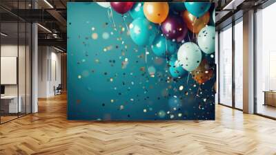 Colorful balloons and confetti on a blue, birthday, holiday or party background Wall mural