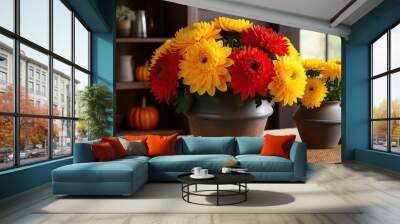 Colorful Chrysanthemums in Rustic Pot for Autumn Home Decor Wall mural