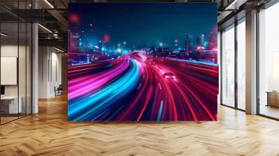 Colorful light trails on a vibrant highway in a modern city at night Wall mural