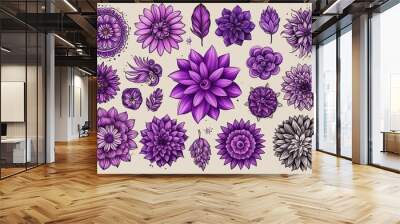 Colorful Purple Gel Pen Doodles and Sketches Collection Wall mural