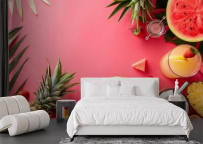 Colorful summer fruits and drinks layout on a lively pink backdrop Wall mural