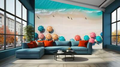 Colorful umbrellas at the beach in a drone image style.. Wall mural