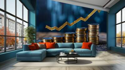 Conceptual image of increasing coin stacks and upward arrow representing profit or economic success Wall mural