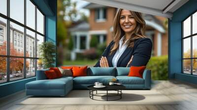 Confident real estate agent woman smiling outside beautiful house for sale in suburban neighborhood, showcasing dedication to top-notch service for home buyers and renters Wall mural