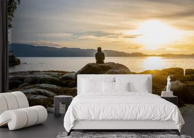 a person (back to the camera) in silhouette sits on rocks in the inter-tidal zone looking out over water lit up by the setting sun to mountains in the far distance room for text Wall mural