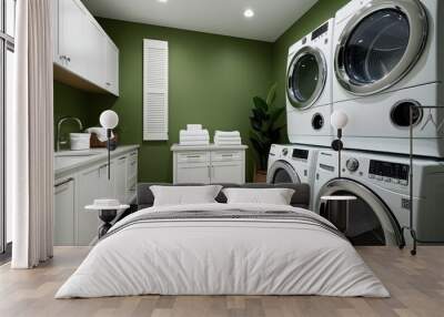 Contemporary White and Green Laundry Room Design Featuring Sleek Appliances Wall mural