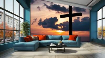 Cross of Jesus Christ Against a Sunset Sky in a Christian Religion Concept Wall mural