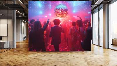 Crowd enjoying nightlife with disco ball and stage lights Wall mural