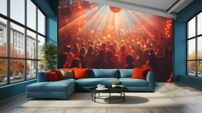 Crowd enjoying nightlife with disco ball and stage lights Wall mural