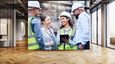 Architect, construction and group working on tablet, project blueprint or engineering planning for work site. People, teamwork and engineer with technology, strategy or idea for building contractor Wall mural