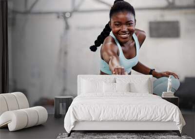 Gym, portrait or black woman stretching legs for workout routine or body movement for active fitness. Happy, athlete or healthy girl smiling in exercise training warm up for flexibility or mobility Wall mural