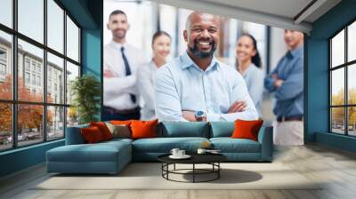 Smile, business people in portrait with black man and confidence at project management company. Teamwork, commitment and vision, happy team with manager and arms crossed in corporate startup office. Wall mural