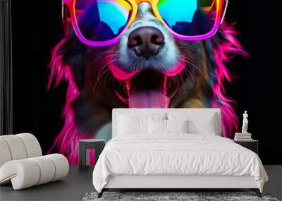 Cute astro dog in neon rainbow color lights over black background.	 Wall mural