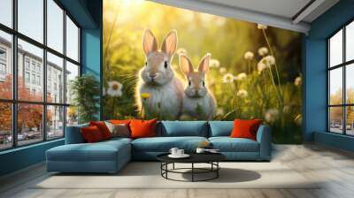 Cute mother and baby bunny rabbits in the grass at sunset Wall mural