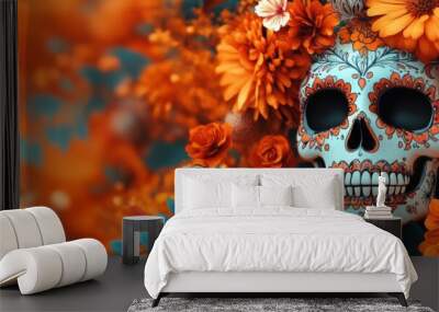 Day of the Dead, el Dia de los Muertos Celebration, Sugar Skull and Flowers Background, with copy space, AI Generated Wall mural