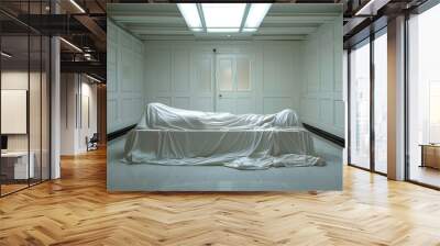 dead body covered with a white sheet in the morgue. Copy space for text Wall mural