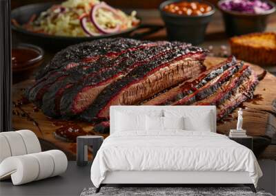 Delectable smoked beef brisket with bbq sauce, served with sides on a wooden table Wall mural