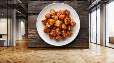 Delicious caramelized sweet potatoes being served on white plate over wooden table, top view Wall mural