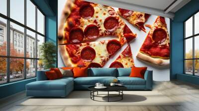 Delicious Slice of Pepperoni Pizza Floating on White Background Wall mural