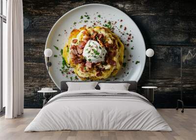 Delicious waffle is served on a white dish, topped with crispy bacon and a dollop of creamy sour cream Wall mural