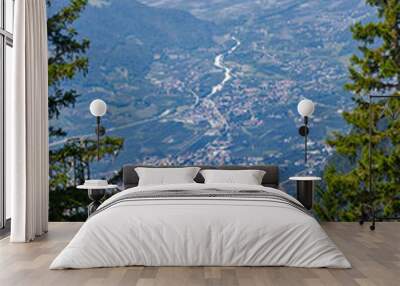 Aerial view of Italian City of Meran with Etsch Valley and Etsch River seen from mountain resort Meran 2000 on a sunny summer day. Photo taken July 18th, 2024, Meran Merano, Italy. Wall mural