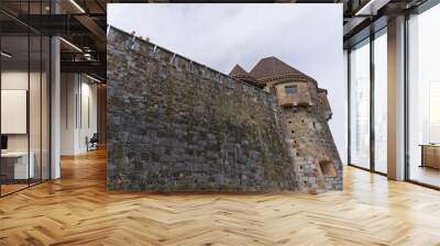 Looking up stone wall and tower with loophole of Castle of Ljubljana on a cloudy summer day. Photo taken August 9th, 2023, Ljubljana, Slovenia. Wall mural