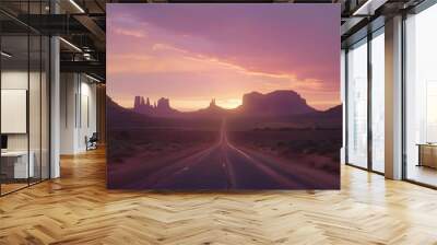 Desert road leading to Monument Valley at sunset Wall mural