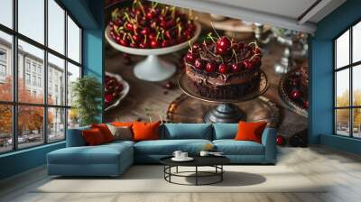 Dessert table with fresh cherries and delicious cocoa cake Wall mural