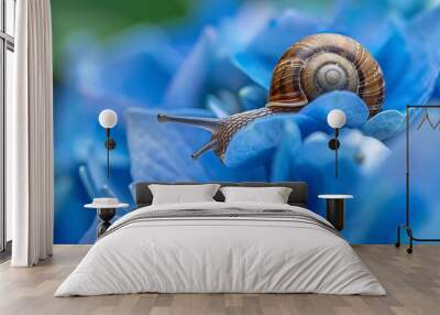 Detail of a snail on a blue flower Wall mural