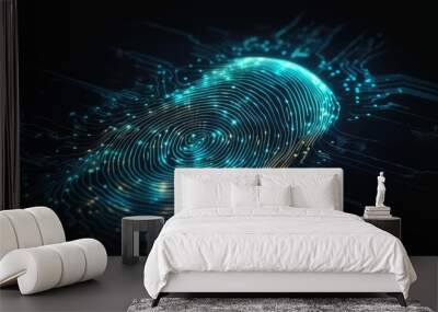 Detailed fingerprint made of glowing light on a dark technical background created with generative AI technology. Wall mural