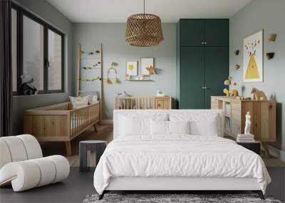 Detailed Mockup of a Stylish Children's Bedroom Featuring Natural Wood Furniture and Contemporary Decor Wall mural