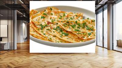 Detailed shot of crispy chinese scallion pancakes topped with vibrant green onions, served on a clean white plate against a clear background Wall mural