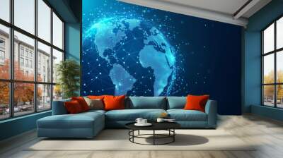 Digital rendering of planet earth rotating with network connections flowing around it Wall mural