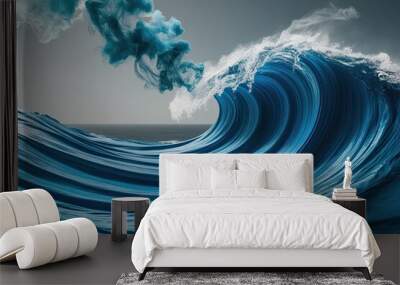 Dreamy Blue Silk Waves with Flowing Smoke and Ocean Texture Background Wall mural