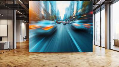 Dynamic scene of blurred lights and vibrant cityscape as cars speed through busy city street at sunset Wall mural