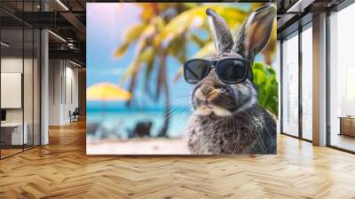 Easter concept a grey hare wearing sunglasses on a tropical beach Wall mural