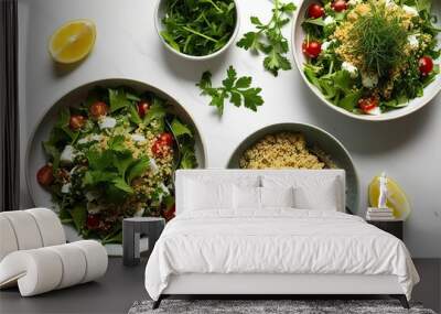 Elegant Collection of Two Tabouli Salads with Fresh Herbs and Bulgur on White Background Wall mural