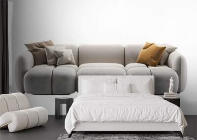 Elegant contemporary comfortable sofa with neutral-toned pillows, isolated with clipping path Wall mural