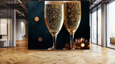 Elegant Crystal Champagne Flutes: Festive Holiday Celebration with Golden Rims and Sparkling Bokeh for Luxury Events Wall mural