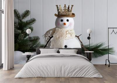 Elegant Snowman with Lace Scarf and Crown on a White Backdrop Wall mural