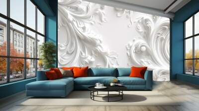 Elegant white 3d baroque ornament design with intricate swirls and curling details Wall mural