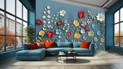 Embroidered design of cute flowers in handmade colors Wall mural