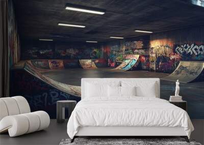 Empty indoor skatepark covered in graffiti showing urban subculture Wall mural