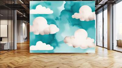 Enchanting Aquamarine Watercolor Background with Soft Cloudy Skies Wall mural