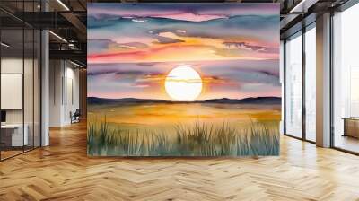 Enchanting Watercolor Sunset Landscape with Isolated Horizon and Dreamy Pastel Tones Wall mural