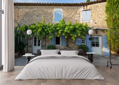 A typical French house in Provence, with blue shuttered windows and an al fresco dining area Wall mural